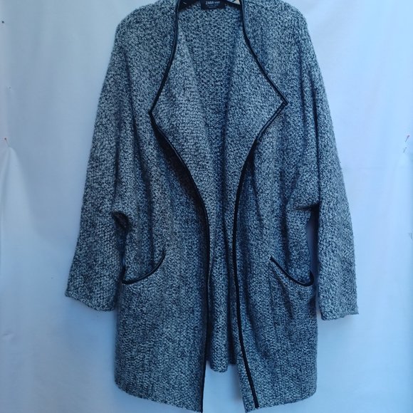 SOLD! - Zara Wool Blend Knit Sweater Coat Cardigan, Faux Leather Trim, Large - Picture 2 of 9
